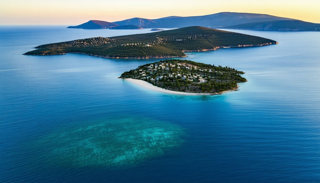 Aerial view of Turkish Aegean coastline with irregular bays, pine-covered peninsulas, and turquoise water transitioning to cobalt blue