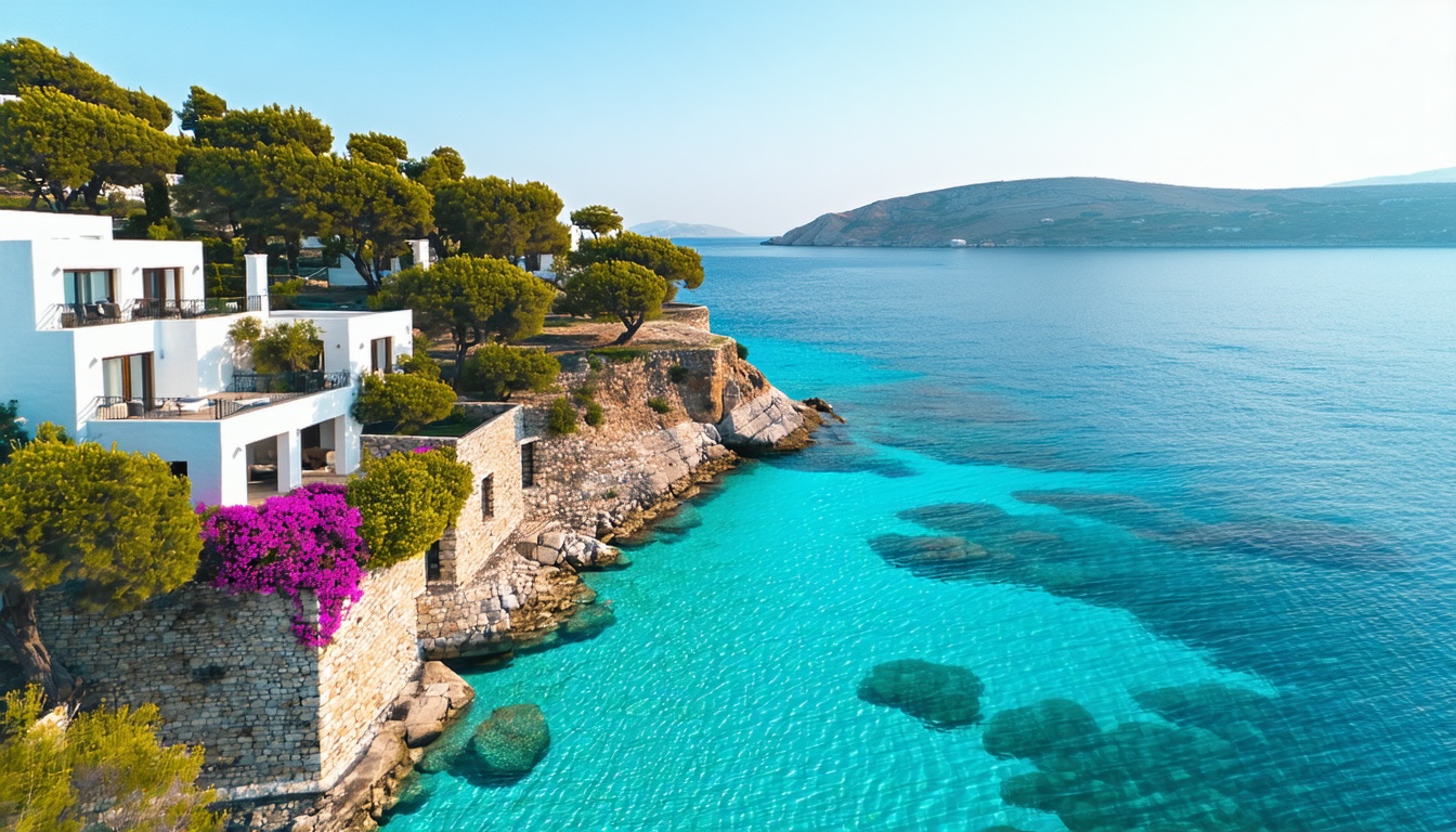 Aerial view of turquoise Aegean coastline with luxury villas among olive groves