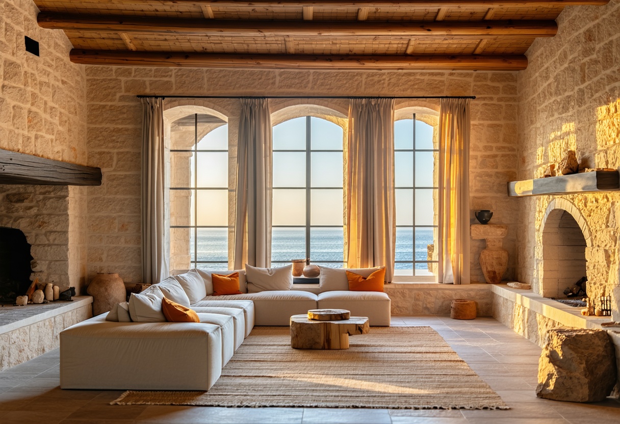 Luxury Mediterranean villa interior with vaulted stone ceiling, arched windows, and warm natural light flooding the living space